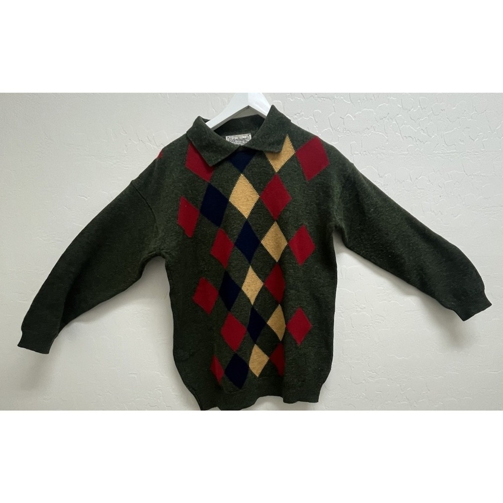 Edinburgh Vintage Argyle Wool Sweater Mens Medium Green Made in Scotland Polo